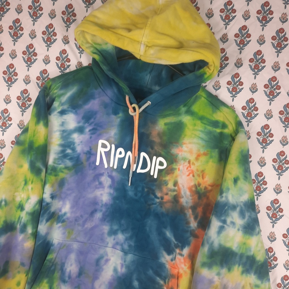 Ripndip Mens Tie Dye Hoodie Blue Green Yellow Raised Logo Sweatshirt‎ Size S
